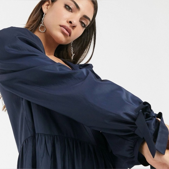 ASOS Design Wrap Front Smock Mini Dress in Navy Blue Taffeta, Size 12 - Picture 9 of 10